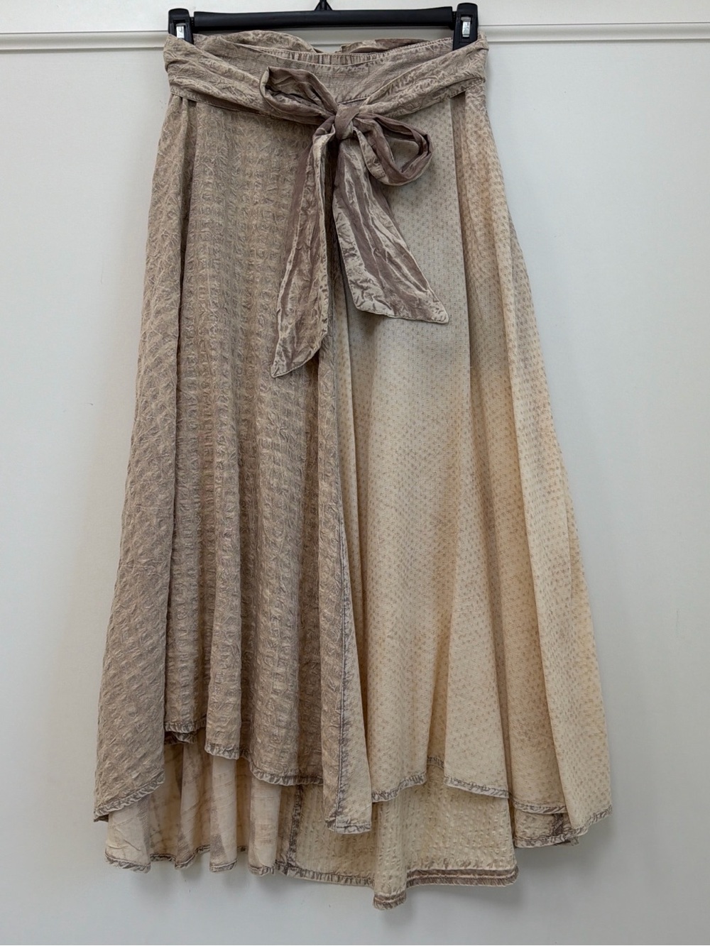 Young Threads Two-Tone Neutral Midi Wrap Skirt with Self-Tie Waist. Size L.